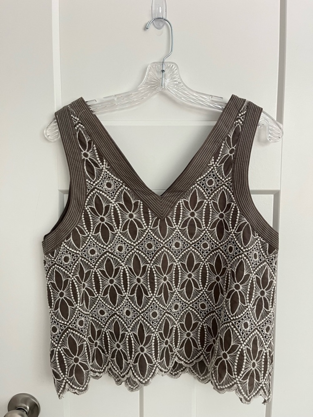 Entro Brown Embroidered Lace Crop Top Boho Cottagecore Floral Scallop M